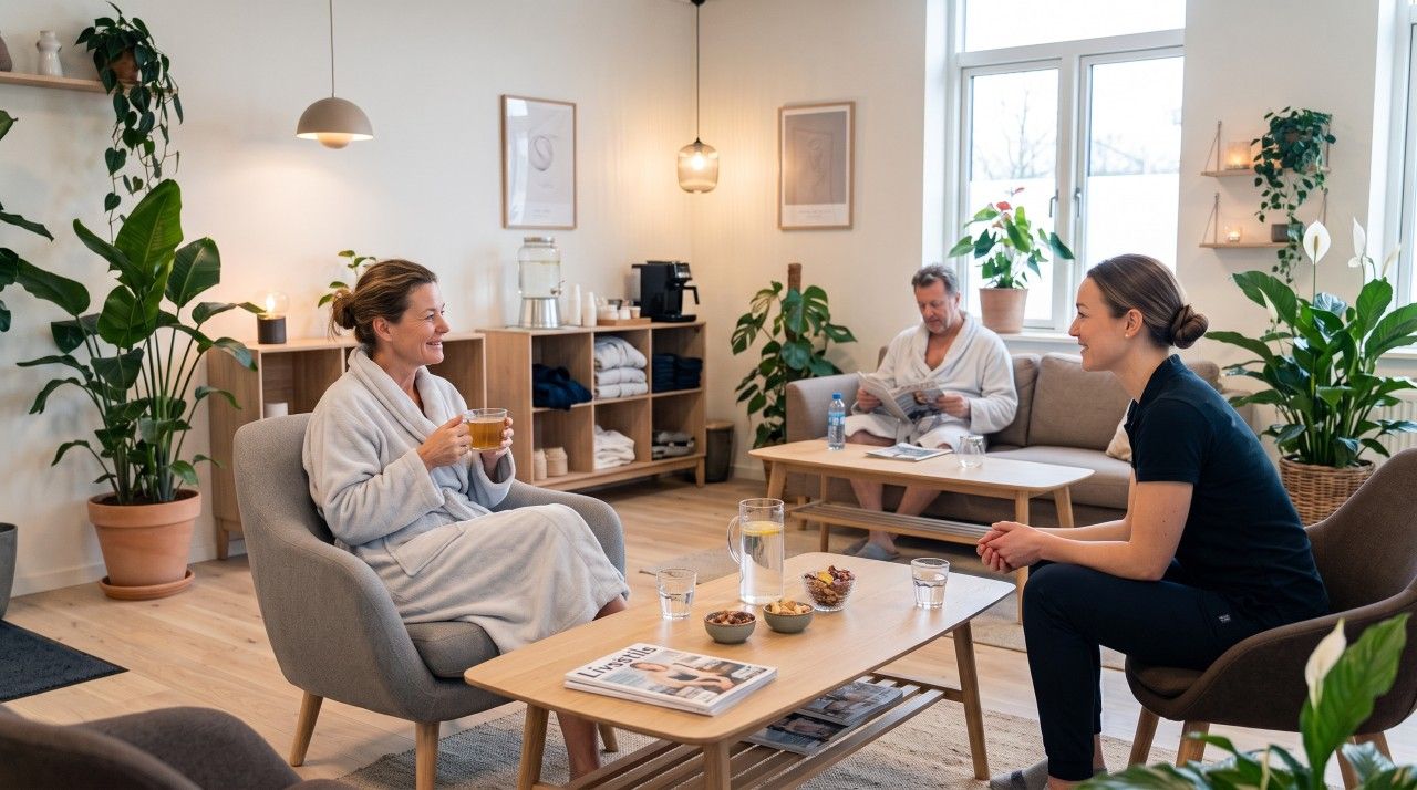 Kunder i badekåbe slapper af med te i en lys lounge før cryobehandling