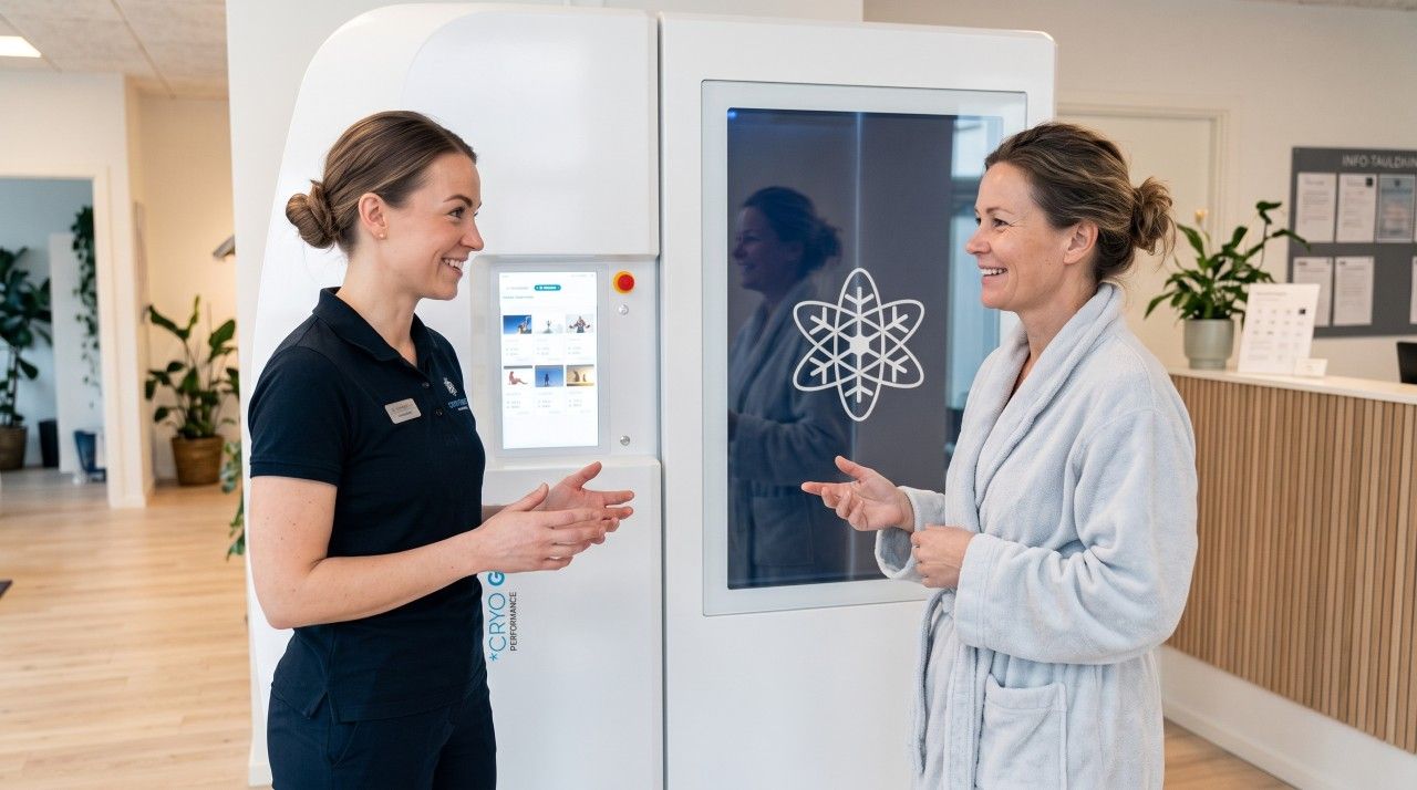 Behandler forklarer en kunde i badekåbe, hvordan cryokammeret fungerer