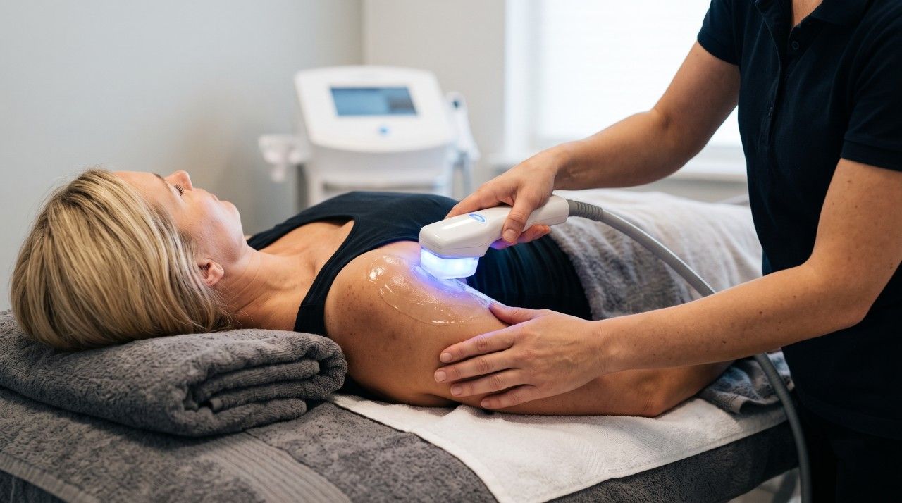 Fedtfrysning (kryolipolyse) med applikator og gelpude på overarmen