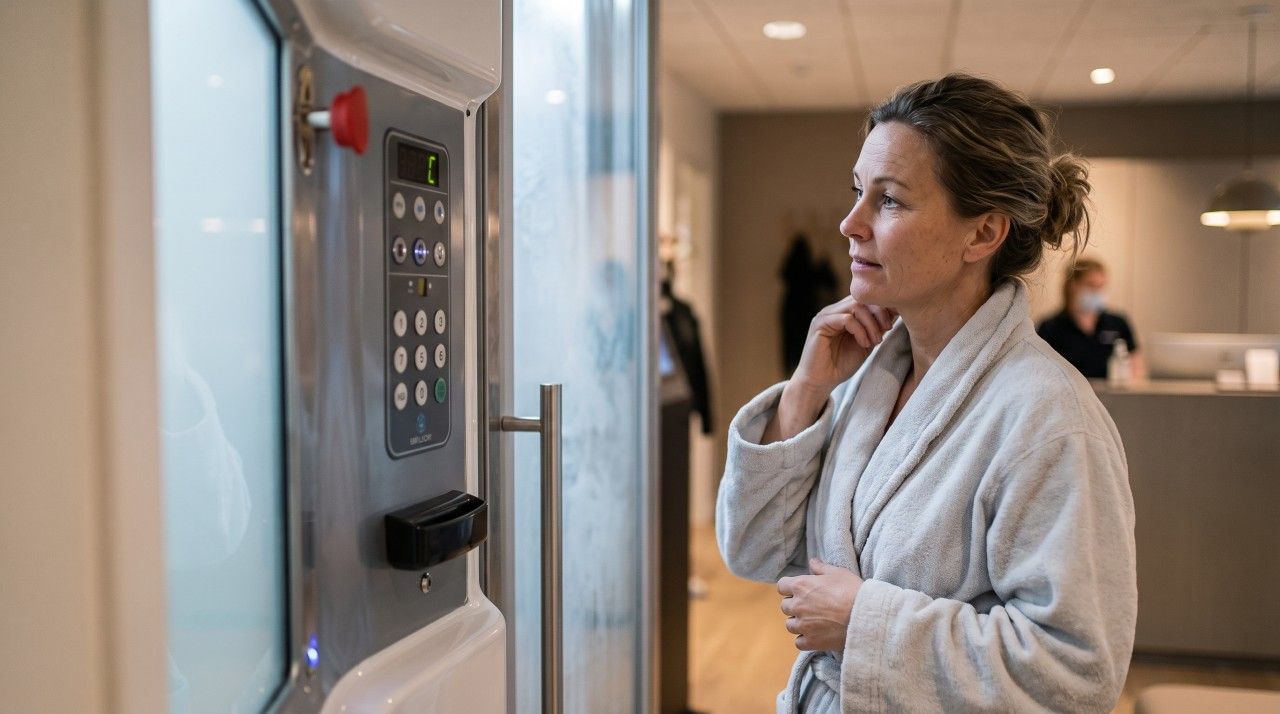 Kvinde i badekåbe ser nysgerrigt på et cryokammer før sin første behandling