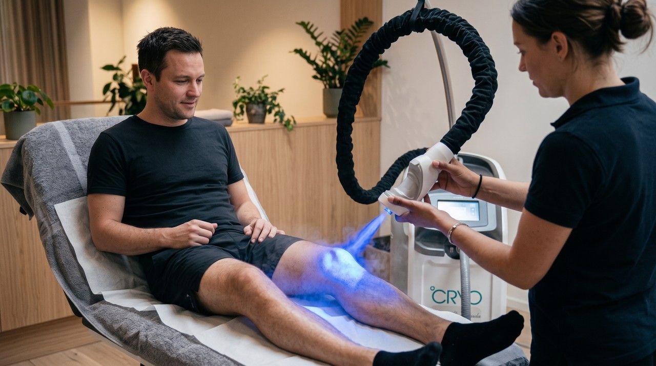 Lokal cryo: behandler blæser kold luft mod en mands knæ